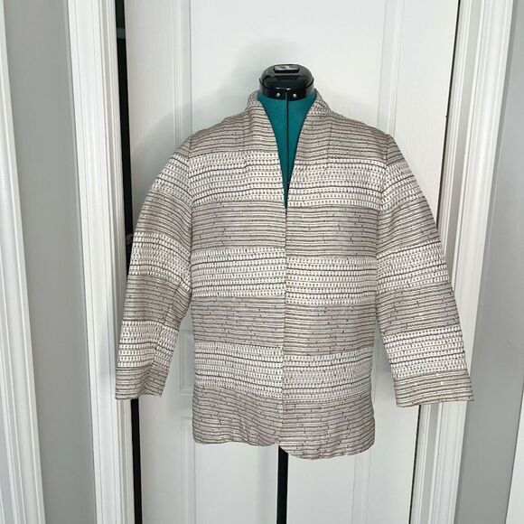 Chicos Sequin Metallic Open Front Textured Stripes Unlined 3/4 Sleeve Blazer - Picture 1 of 12